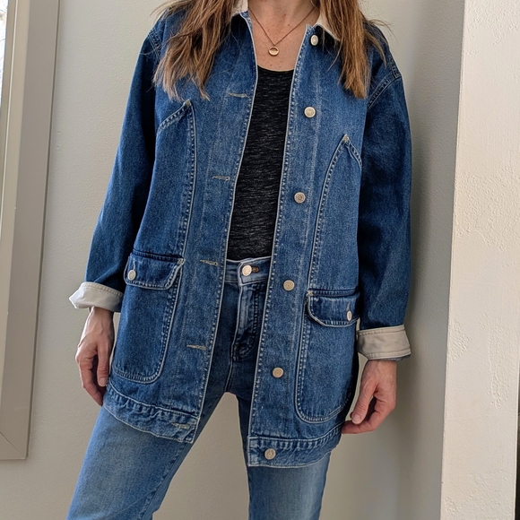 Vintage Oversized Denim Contrast Trim Button Front Collared Jacket In Blue